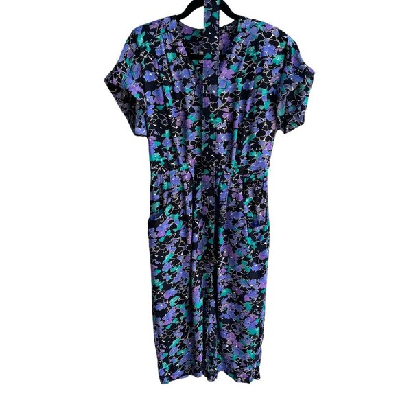 ED Michaels Petites Vintage Womens Button-Up Floral Short Sleeve Pockets Dress M - Picture 1 of 10